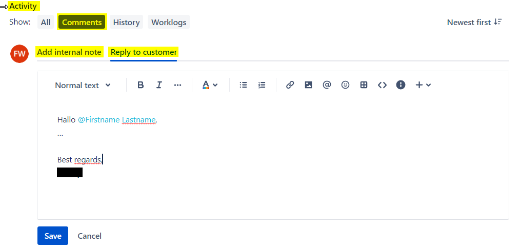 JSM comment function